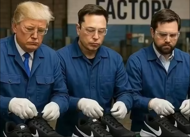 clip-viral-cu-trump,-musk-si-jd-vance-muncind-cot-la-cot-pe-o-linie-de-productie-de-pantofi-sport