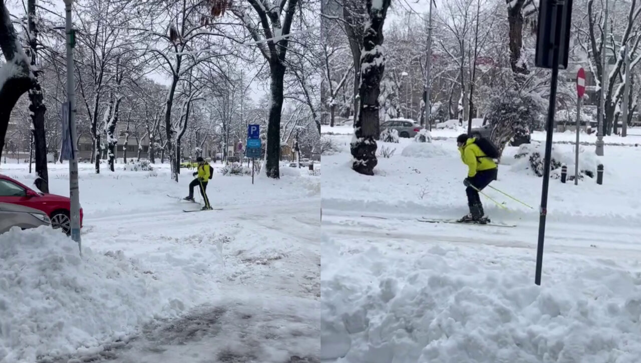 olimpiada-bucuresteana.-un-barbat-a-fost-surprins-pe-schiuri,-pe-strazile-din-bucuresti,-in-ziua-in-care-traficul-a-paralizat-in-urma-ninsorii